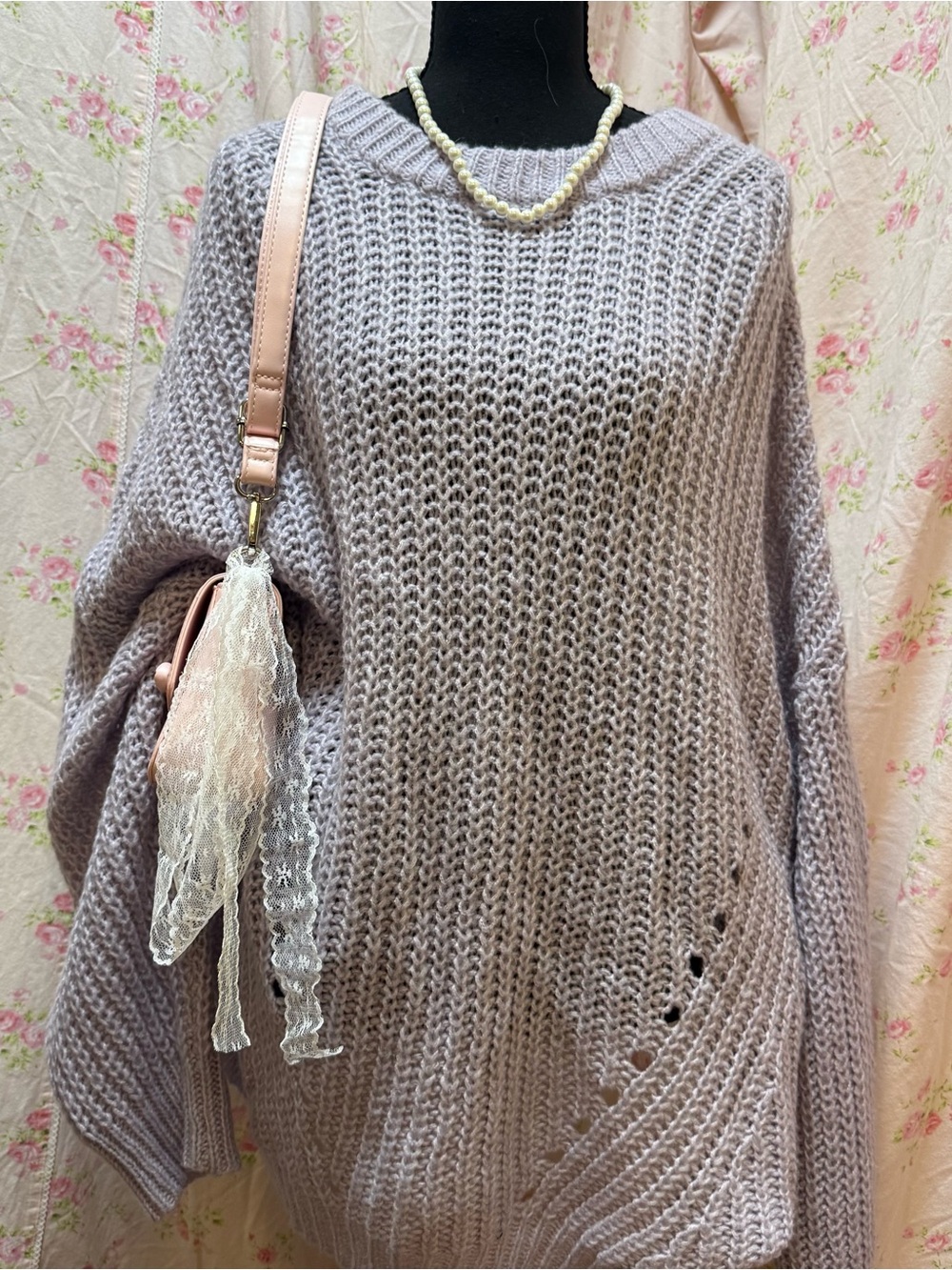 American Eagle Outfitters Soft Lavender Open-Stitch Crewneck Sweater